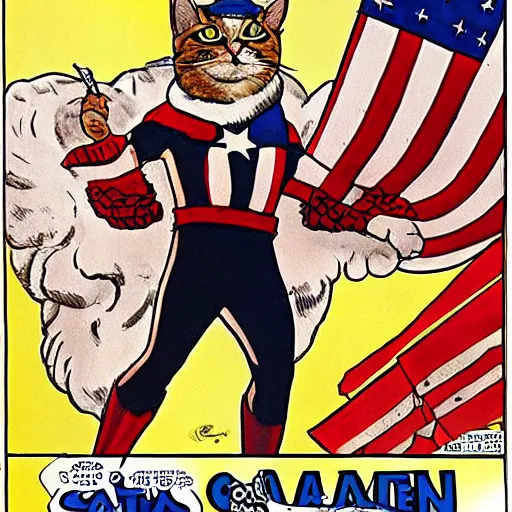 Image similar to cat as american captain, realistic, by marvel