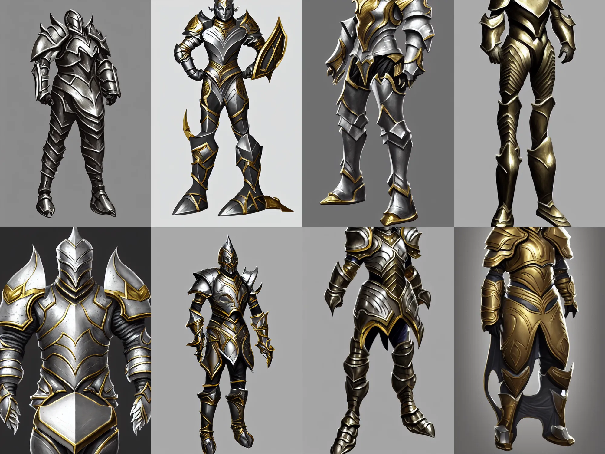 Prompt: heavy fantasy armor, silver with gold trim, extremely polished, exaggerated proportions, flat shading, smooth, uncluttered, extremely clean, trending on artstation, trending on polycount, fantasy character portrait, professional concept art, front view, A-pose, full body