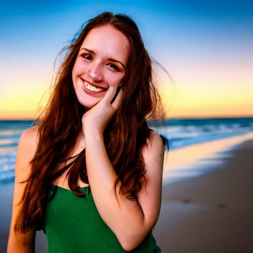 Image similar to A cute and beautiful young woman with long shiny bronze brown hair and green eyes, cute freckles, smug smile, golden hour, beach background, medium shot, mid-shot,