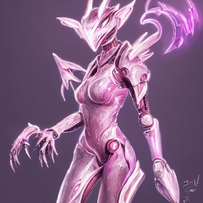 Image similar to highly detailed exquisite fanart, of a beautiful female warframe, but as a stunning anthropomorphic robot female dragon, standing elegantly, shining reflective off-white plated armor, bright Fuchsia skin, sharp claws, full body shot, epic cinematic shot, realistic, professional digital art, high end digital art, DeviantArt, artstation, Furaffinity, 8k HD render, epic lighting, depth of field