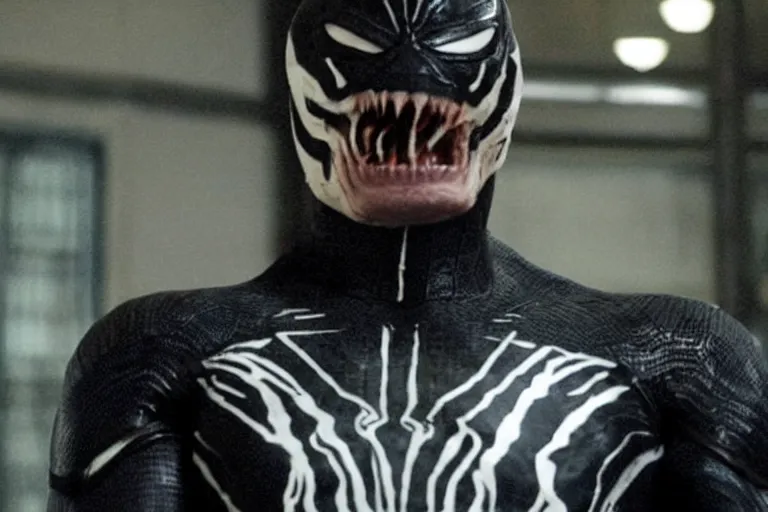 Prompt: film still of Thomas Haden Church as Eddie Brock wearing Venom costume without headpiece in Spider-man 3 2007, 4k