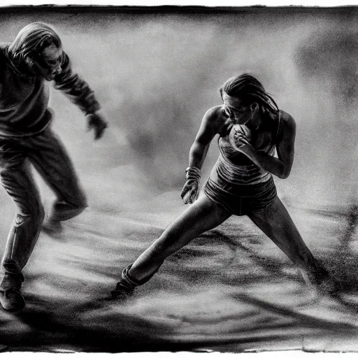 Image similar to portrait of women and men fighting in the dust, hard lighting, rule of thirds, spotlight, full body scene, by dirk dzimirsky, by arthur curry, by dylan eakin, hyperrealistic charcoal