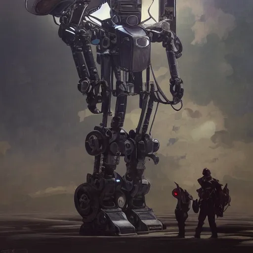 Prompt: a full length portrait of a giant autonomous polished steel battle robot, a moody sci - fi painting art by artgerm and greg rutkowski and alphonse mucha, trending on artstation, smooth arstation, detailed, highly detailed matte painting, cinematic