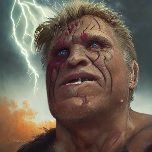 Image similar to detailed photo portrait of a Half-orc bard portrayed by Gary Busey, 8k,by Tristan Eaton, Stanley Artgermm, Tom Bagshaw, Greg Rutkowski, Carne Griffiths, trending on DeviantArt, face enhance, hyper detailed ,full of color, dramatic lightning, epic stance