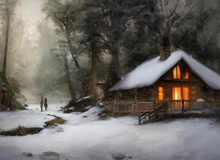 Image similar to oil painting, snow blizzard in woodland meadow, log cabin, smoke billowing from chimney, water stream, water wheel, mystic crooked trees, breeze, detailed art by anders zorn, wonderful masterpiece by greg rutkowski, beautiful cinematic light, american romanticism by greg manchess, creation by tyler edlin