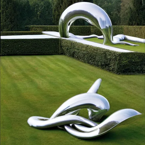 Prompt: giant Italian modern castle formal garden with a modern stainless steel organic shaped modern sculptures with mirror finish by Tony Cragg, photo by Annie Leibovitz