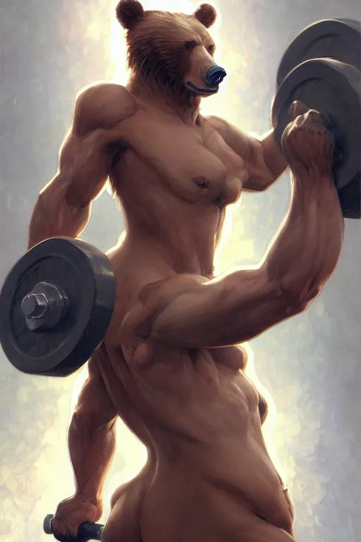 Prompt: anthro bear lifting weights, dim dingy gym, dynamic pose, fantasy, intricate, elegant, highly detailed, digital painting, artstation, concept art, matte, sharp focus, illustration, art by artgerm and greg rutkowski and alphonse mucha