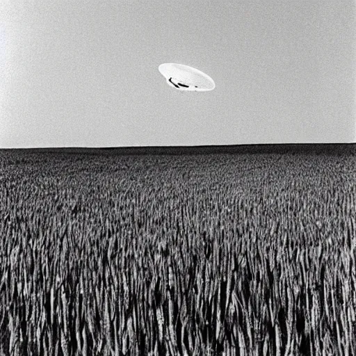 Image similar to a picture of an ufo above an wheat field, black and white, 1 9 2 0's, pictorialism