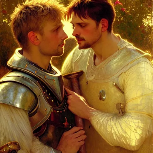 Image similar to attractive arthur pendragon and his attractive male knight, they are in love, natural lighting, path traced, highly detailed, high quality, digital painting, by gaston bussiere, craig mullins, alphonse mucha j. c. leyendecker