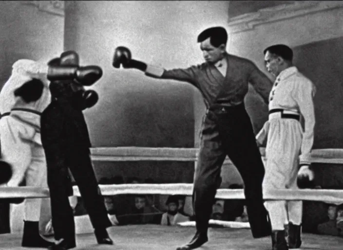 Prompt: jose rizal in a boxing match with adolf hitler, cinematic, colored, wide shot