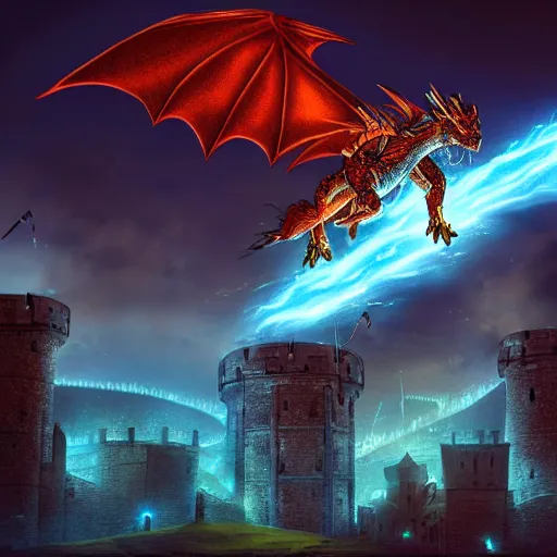 Image similar to detailed artistic photo of an electric dragon flying above a siege tower at night cinematic dramatic lighting fantasy 8k artstation