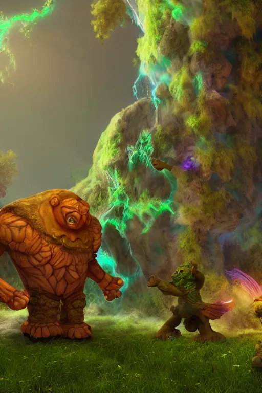 Image similar to arcane fantasy art giant golem elemental wood rock bastion forged gemstone enchanted forest troll, global illumination ray tracing hdr fanart arstation by sung choi and eric pfeiffer and gabriel garza and casper konefal lisa frank zbrush central hardmesh