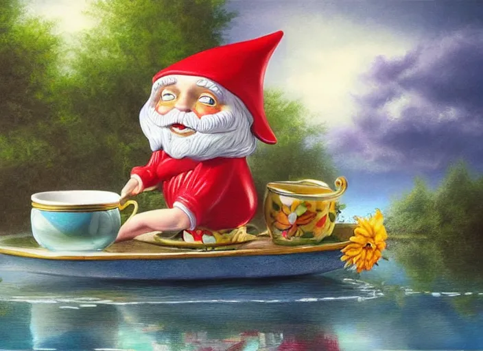 Image similar to a garden gnome sailing in a teacup, whimsical background of a reflective pond on a sunny day with dramatic clouds, an ultrafine detailed painting by mark ryden, trending on deviantart, pop surrealism, whimsical, lowbrow, joyous, perfect cute face