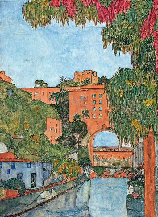 Image similar to a big through arch bridge on local river, a lot of old boat in river, brick buildings near a lot of palm trees and bougainvillea, hot with shining sun, painting by egon schiele