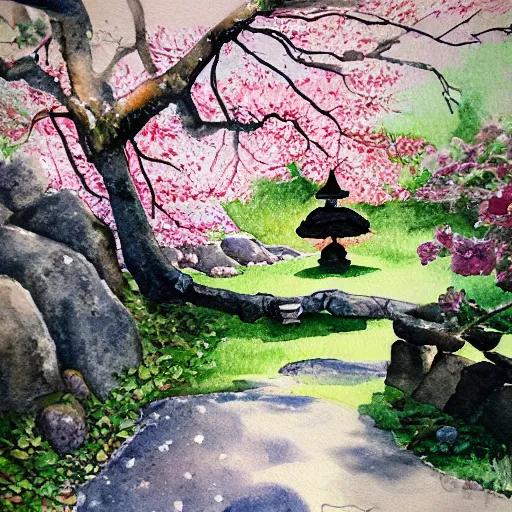 Prompt: Japanese garden, cherry blossom, cobblestone path, watercolor painting