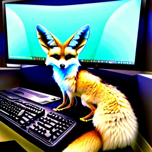 Image similar to an anthropomorphic male fennec fox sitting in a gaming chair drinking monster energy drinks, rbg keyboard, laptop, livestream, photo, 1 6 k