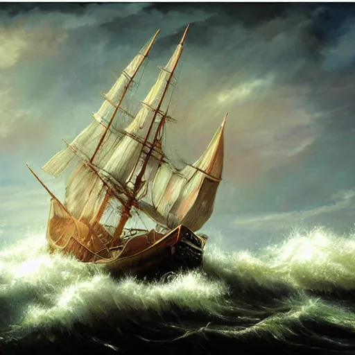 Prompt: a wooden ship on tumultuous waters, high quality oil painting, volumetric lighting