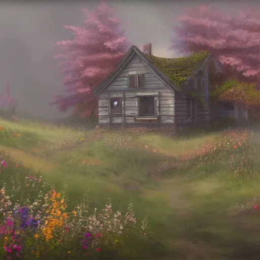 Image similar to a matte painting of a prairie, close up cottage, foggy, patchy flowers, oil painting, pale colors, high detail, 8 k, wide angle, trending on artstation,