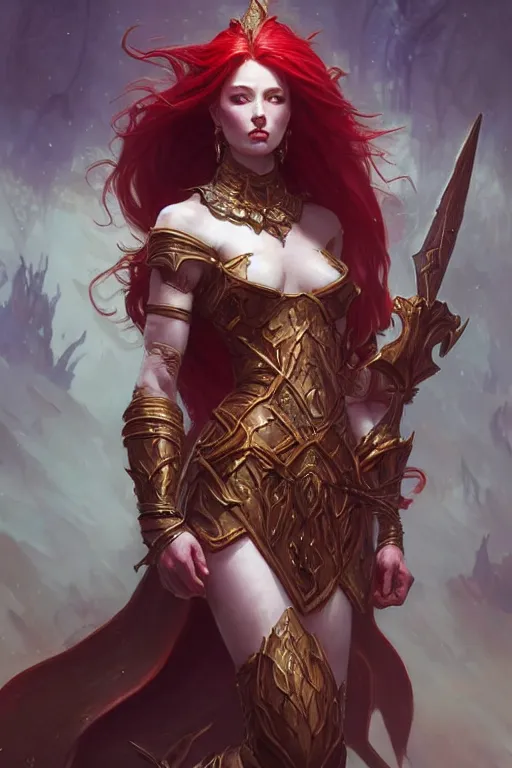 Prompt: beautiful malenia from elden ring, full body shot, red hair, d & d, fantasy, intricate, elegant, highly detailed, digital painting, artstation, concept art, matte, sharp focus, illustration, hearthstone, art by artgerm and greg rutkowski and alphonse mucha