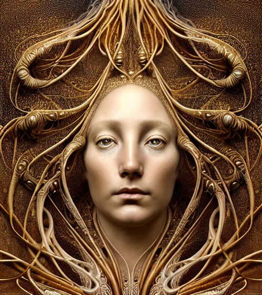 Image similar to detailed realistic beautiful gold goddess face portrait by jean delville, gustave dore, iris van herpen and marco mazzoni, art forms of nature by ernst haeckel, art nouveau, symbolist, visionary, gothic, neo - gothic, pre - raphaelite, fractal lace, intricate alien botanicals, biodiversity, surreality, hyperdetailed ultrasharp octane render