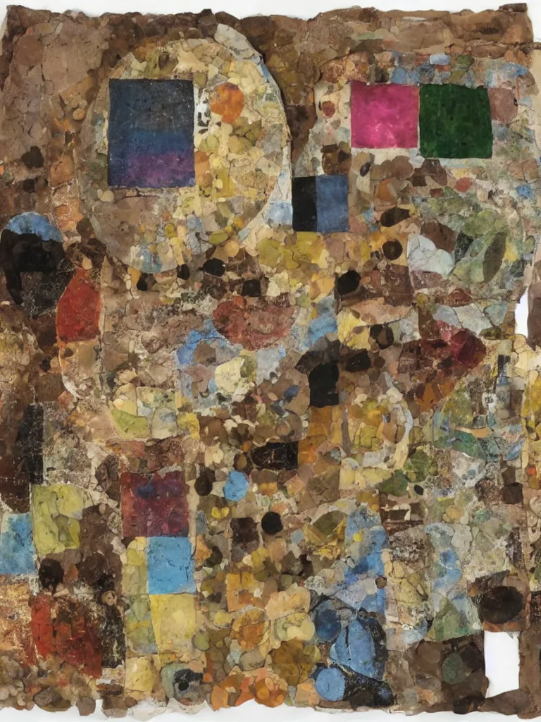 Prompt: mixed media collage by eileen agar, natural earthy color tones