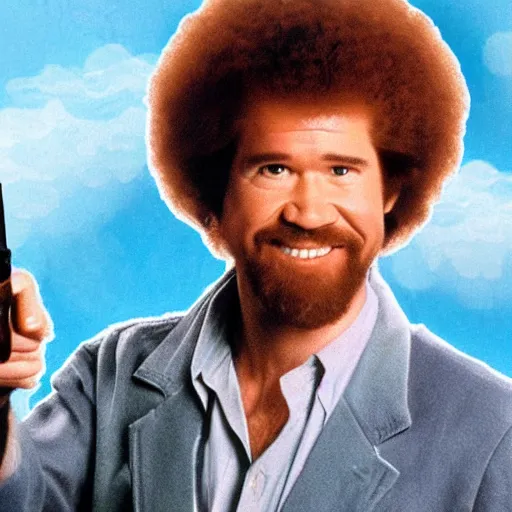 Image similar to Bob Ross holding a pistol pointed at you