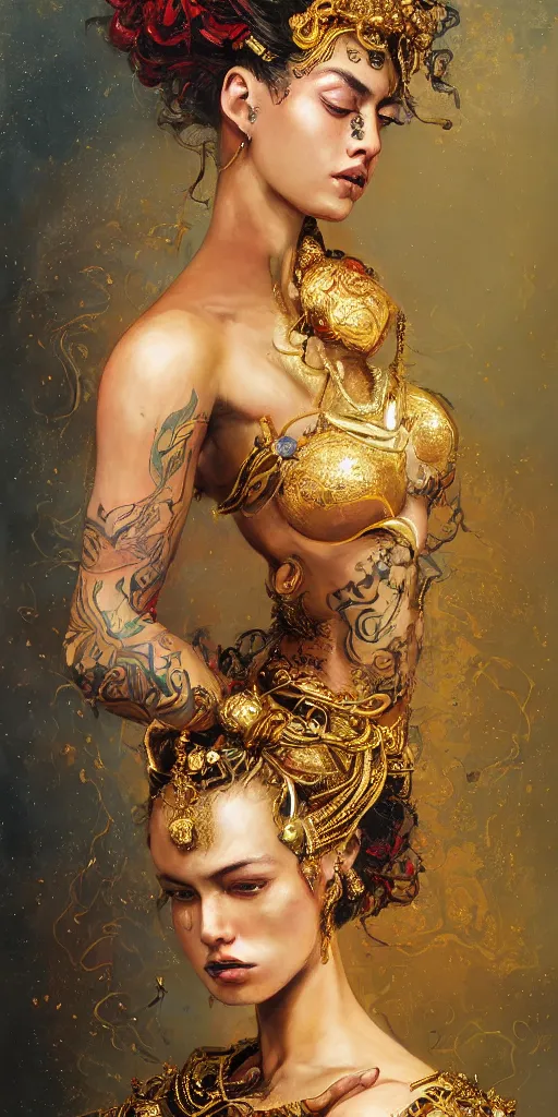 Image similar to an epic painting of a 1 9 years old girl figure, curly messy high bun hairstyle, oriental tattoos, jeweled ornament over forehead, subject wearing a gold and black high fashion gown, flowing, ornate, beautiful, intricate, dramatic earth colors, with few fire red highlights, by jeremy mann and greg rutkowski, oil on canvas, artstation