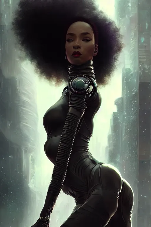 Image similar to cyberpunk normani as aeon flux profile picture by greg rutkowski, dynamic pose, intricate, futuristic, fantasy, elegant, by stanley artgerm lau, greg rutkowski, thomas kindkade, alphonse mucha, loish, norman rockwell, metal chrome, shiny, rainy background, asymmetric, long afro hair,