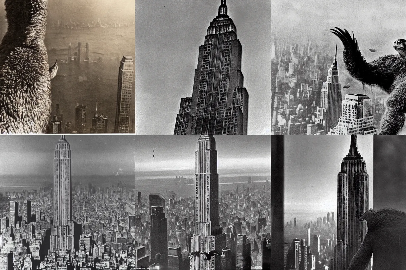 Prompt: Godzilla as a giant Sloth, climbing Empire State building, in realistic, highly detailed photo from circa 1930