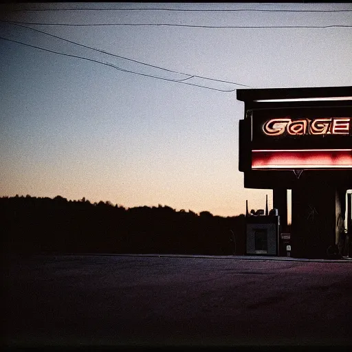 Prompt: it's night, the city is quiet, a car is parked at the last gas station at the edge of town, in the darkness eyes watch us, cinestill