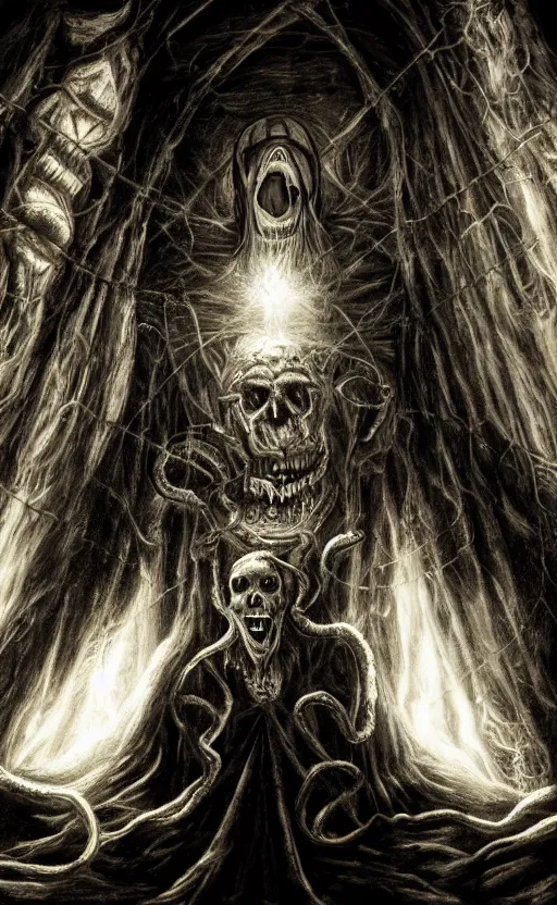 Image similar to portrait of lovecraftian jerma as vecna, surrounded by beams of light dark background by wayne barlow, stanley donwood, anton semenov, zdzislaw bekinski, hr giger, 8 k, fantasy, dark, highly detailed