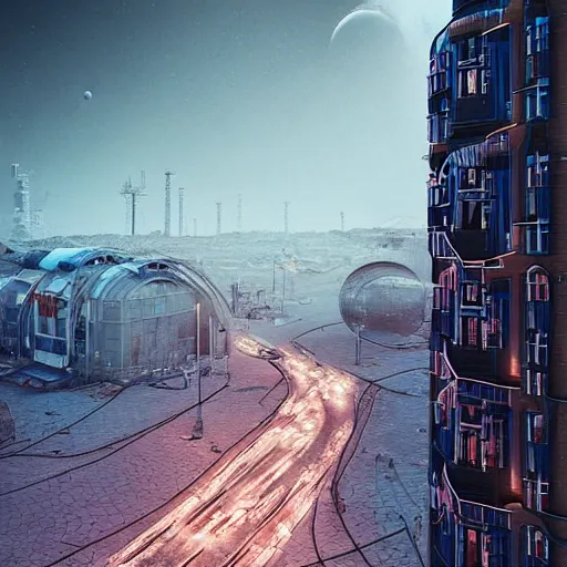 Image similar to lively day in a city on the Moon, Neo Norilsk, Neo Kyiv, sci-fi, enchanting, photorealistic, intricate, very very beautiful, elegant, smooth, photorealistic, cinematic, Octane renderer, by Evgeny Zubkov, by Marat Zakirov, trending on Behance