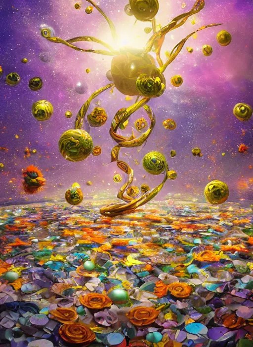 Image similar to An epic fantastic realism comic book style painting of the most beautiful spiraling entwined flowers launched exquisitely across the bright spinning universe, floating bouquets, fisheye, perfect shiny iridescent silver spheres, unreal 5, DAZ, hyperrealistic, octane render, dynamic lighting