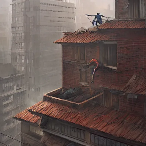 Prompt: an survivor climbing a rooftop, greg rutkowski, realistic art, detailed, digital art