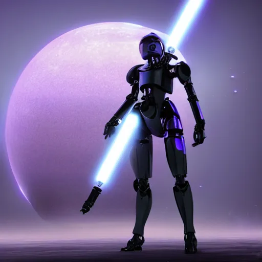 Image similar to humanoid robot wielding lightsaber in front of a violet planet, unreal engine, featured on cgsociety, trending on artstation, scifi futuristic character concept