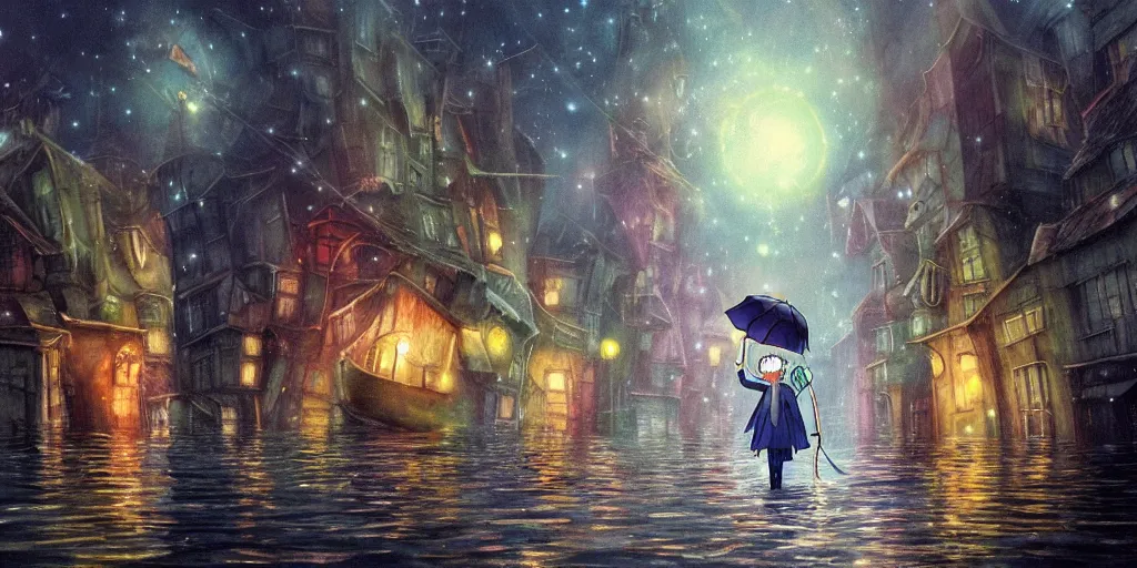 Image similar to a realistic and atmospheric cell - shaded concept art from howl's moving castle ( 2 0 0 4 ) of a multi - colored ufo. a man with an umbrella is standing in a boat in a flooded alleyway. it is a misty starry night. very dull colors, hd, 4 k, hq