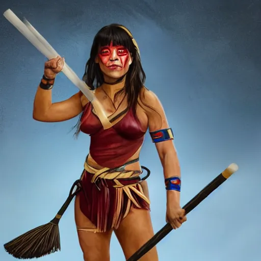 Prompt: camilla cabello as an amazonian woman with red face paint in fighting pose holding a broom, wide full body, movie poster, realistic hyper detailed concept art