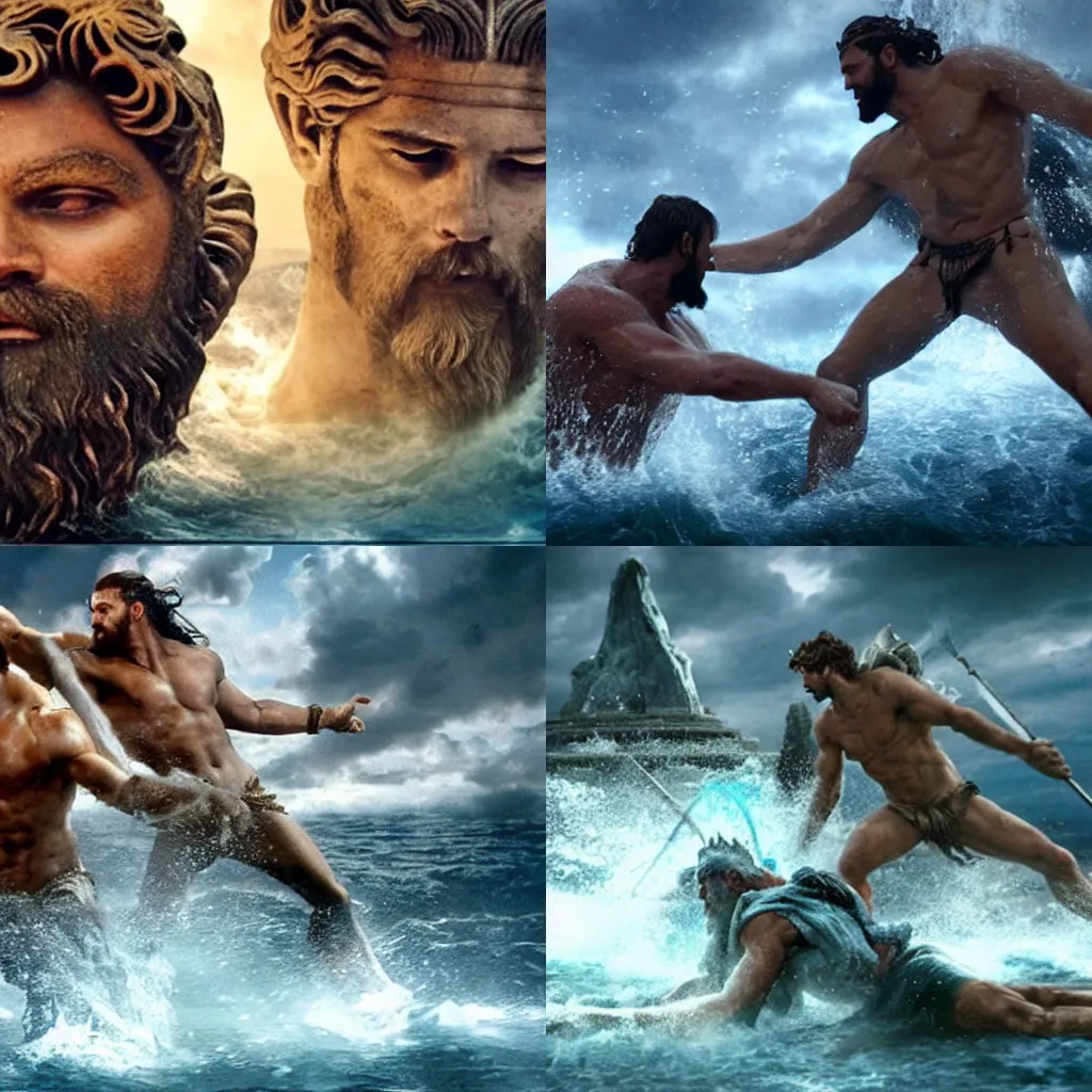 Prompt: poseidon and zeus in an elemental battle, movie still