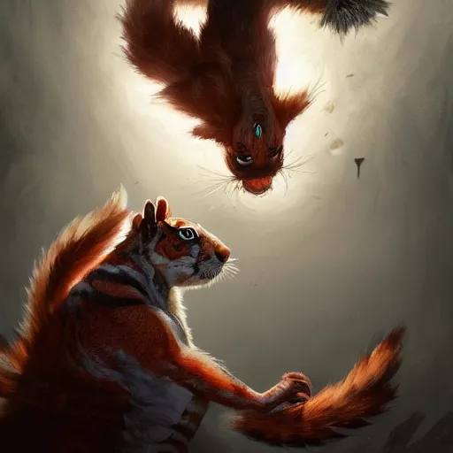 Prompt: Squirrel/tiger, Angry, manic, magic the gathering artwork, horror, D&D, fantasy, cinematic lighting, centered, symmetrical, highly detailed, digital painting, artstation, concept art, smooth, sharp focus, illustration, volumetric lighting, epic Composition, 8k, art by Akihiko Yoshida and Greg Rutkowski and Craig Mullins, oil painting, cgsociety