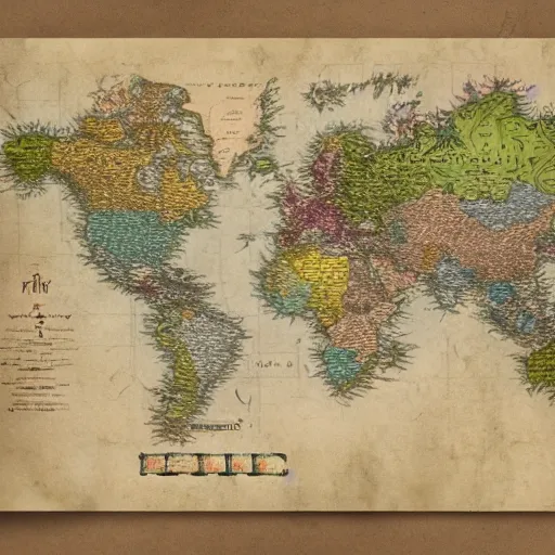 Image similar to imaginary map of a fantacy world, different realms, mobile game art, blueprint, infographic, vintage theme, on paper, natural colors, with notes, highly detailed, hyper realistic