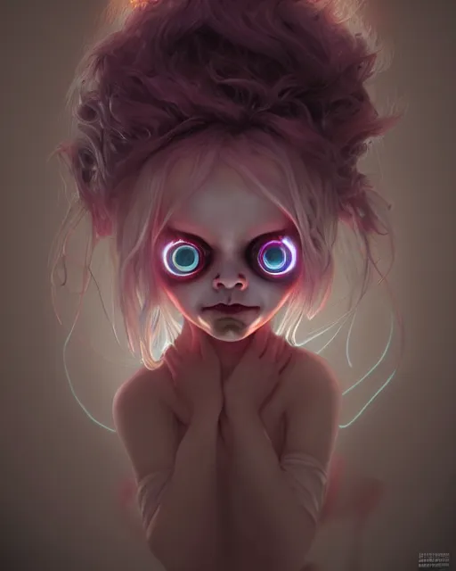 Prompt: one singular portrait of a cute bioluminescent creepy doll from nightmares with glowing eyes, highly detailed, digital painting, cinematic, hyper realism, dark retrowave, art by stanley lau and artgerm and magali villeneuve and alphonse mucha, artstation, octane render, cgsociety