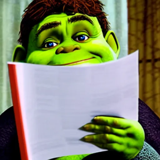 Prompt: behind the scenes photo of Shrek reading the script before a scene