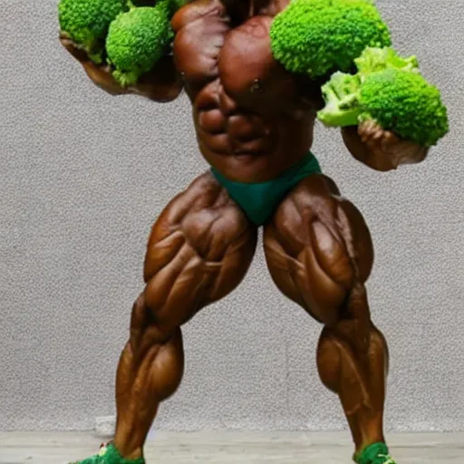 Image similar to a posing bodybuilder sculpture made entirely from broccoli