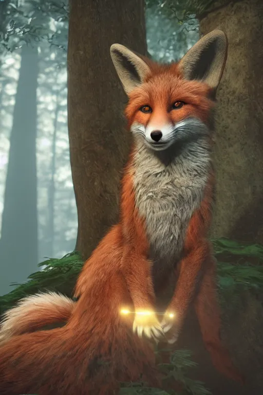 Prompt: a medieval anthropomorphic fox with a fluffy tail in a forest, backlighting, dramatic lighting, cgi, rendered in unreal engine