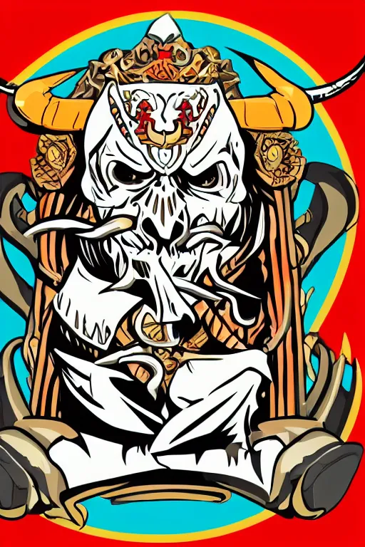 Image similar to A portrait of a bull as evil warlord general on skull throne, sticker, Anthropomorphized, portrait, highly detailed, colorful, illustration, smooth and clean vector curves, no jagged lines, vector art, smooth