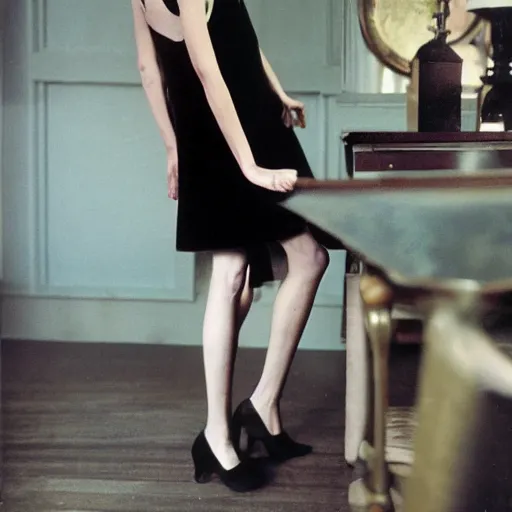 Image similar to Kodachrome long shot photograph of tall pale woman wearing velvet black dress with thin straps with pinned-back brown hair, looking to the side, leaning on a table, holding dress in a bunch. 8k Photograph. TIME Magazine.