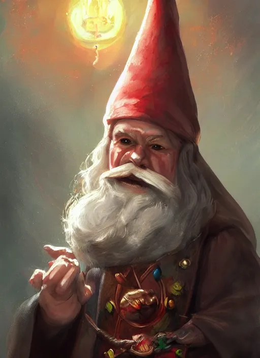 Prompt: an enchanted gnome wizard painted by raymond swanland