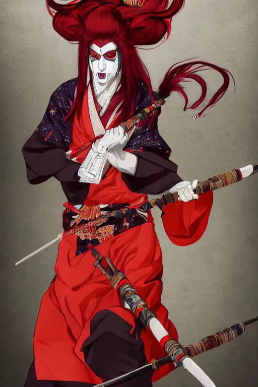 Image similar to an epic portrait of insane kabuki wielding a spear, magical aura of insanity, intricate hakama, poofy red wig, high energy, dramatic lighting, trending on artstation,