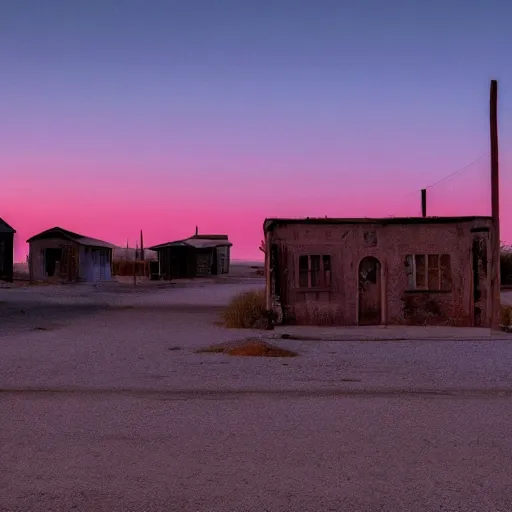 Image similar to a still of a deserted ghost town. Magic hour.