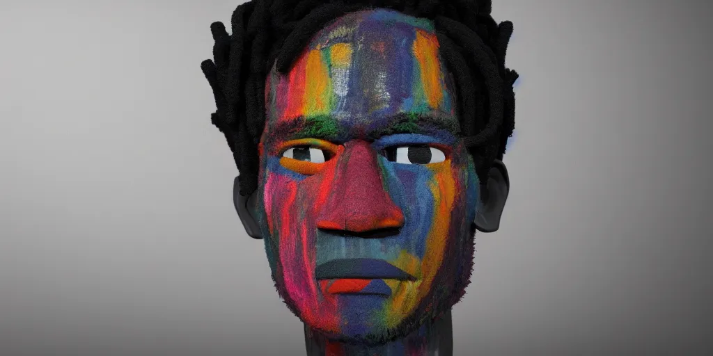 Image similar to a perfect bust of Jean-Michel Basquiat made out of rainbow ethereal pipe cleaners, 3D cinematic lighting, 90 degree spotlighting, photorealism, octane render, depth of field, 8k, 35mm, artgem, Trending on artstation